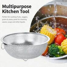 1/3pcs Stainless Steel Multi-Purpose Kitchen Single Handle Colander, Multi-Function Fruit And Vegetable Strainer, Food Filter Basket Drainer, Practical Home Cookware Accessory, Used For Effectively Rinsing Rice, Vegetables And Grains, Suitable For Home Kitchen Fruit And Vegetable Washing And Storage. - Multiple Sizes - View 3