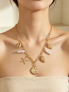 1pc Summer Beach Vacation Style Shell Starfish Faux Pearl Necklace, Niche High-End Multi-Layer Stacked Collarbone Chain Jewelry - Gold 3 - View 6