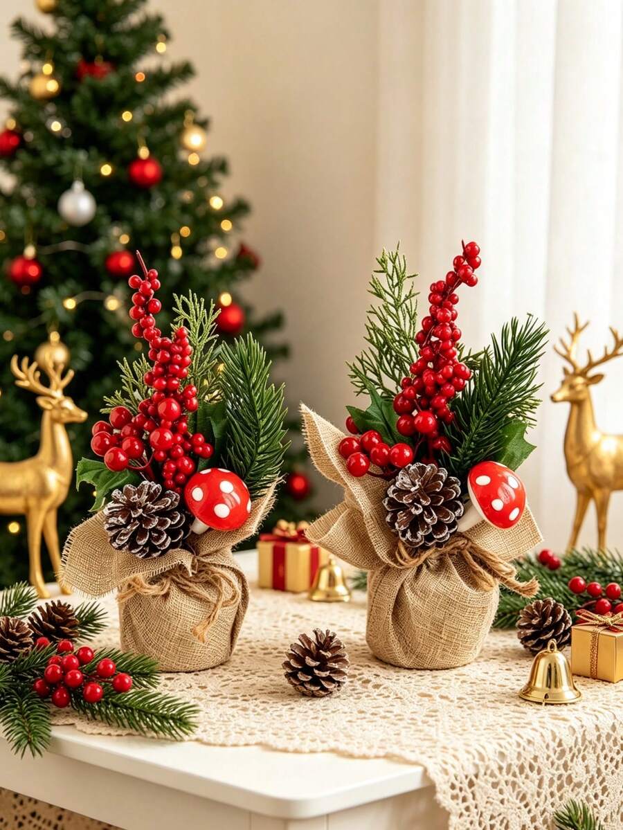 1/3pcs Artificial Mini Christmas Tree With Red Berries, Mushrooms, Pine Cones, Suitable For Christmas Decoration, Tabletop Decor, Home Decor, Christmas Decoration, Birthday Gift - Red - View 1
