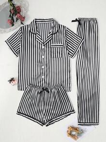 Elegant Women's 3-Piece Pajama Set With Short Sleeve Top, Shorts, Long Pants, Lapel Collar, Striped Print And Bowknot Design, Loungewear Set - Black - View 1