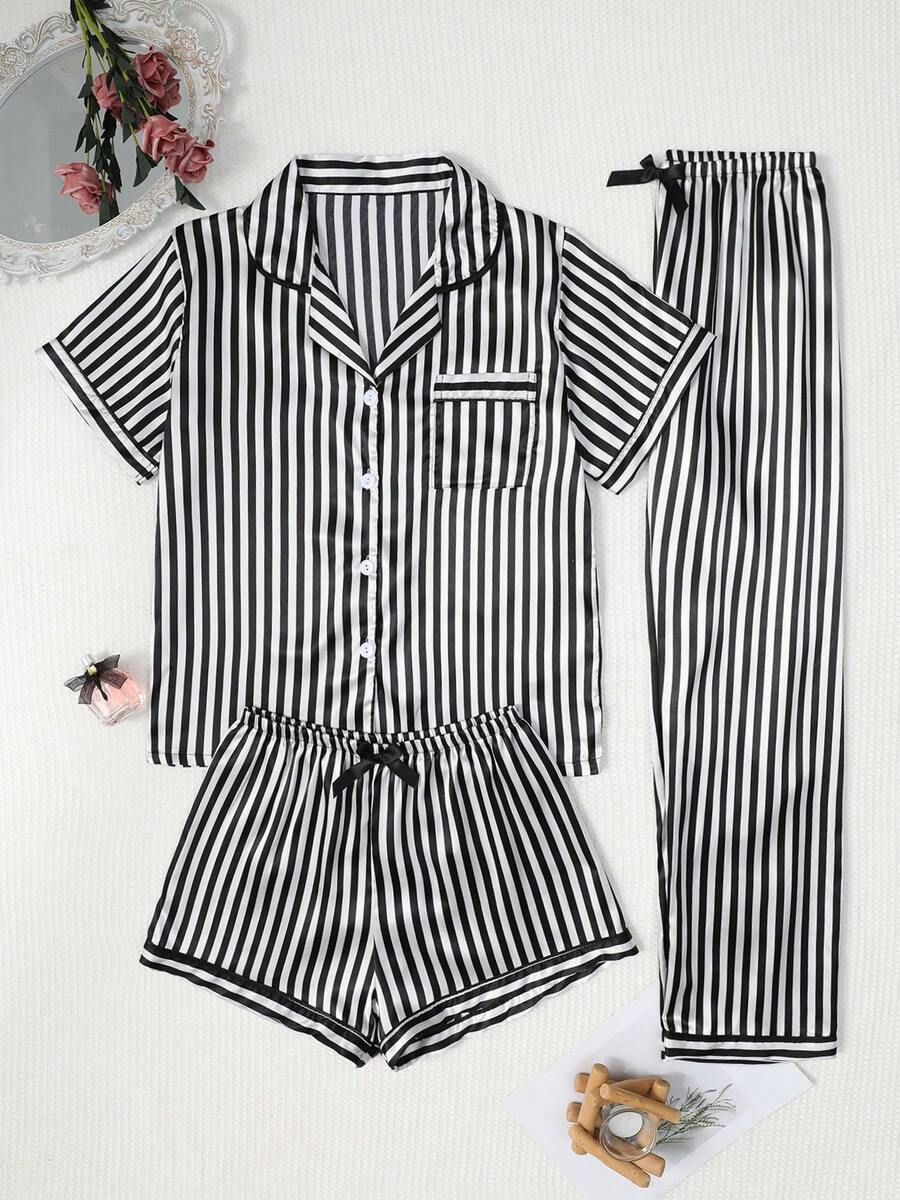 Elegant Women's 3-Piece Pajama Set With Short Sleeve Top, Shorts, Long Pants, Lapel Collar, Striped Print And Bowknot Design, Loungewear Set - Black - View 1