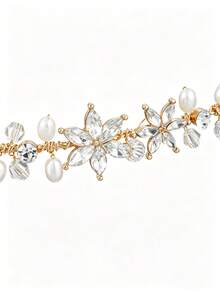 Bridal Rhinestone Pearl Headband, Wedding Updo Hair Tie Headpiece, French Floral Bridal Accessory - Gold - View 2