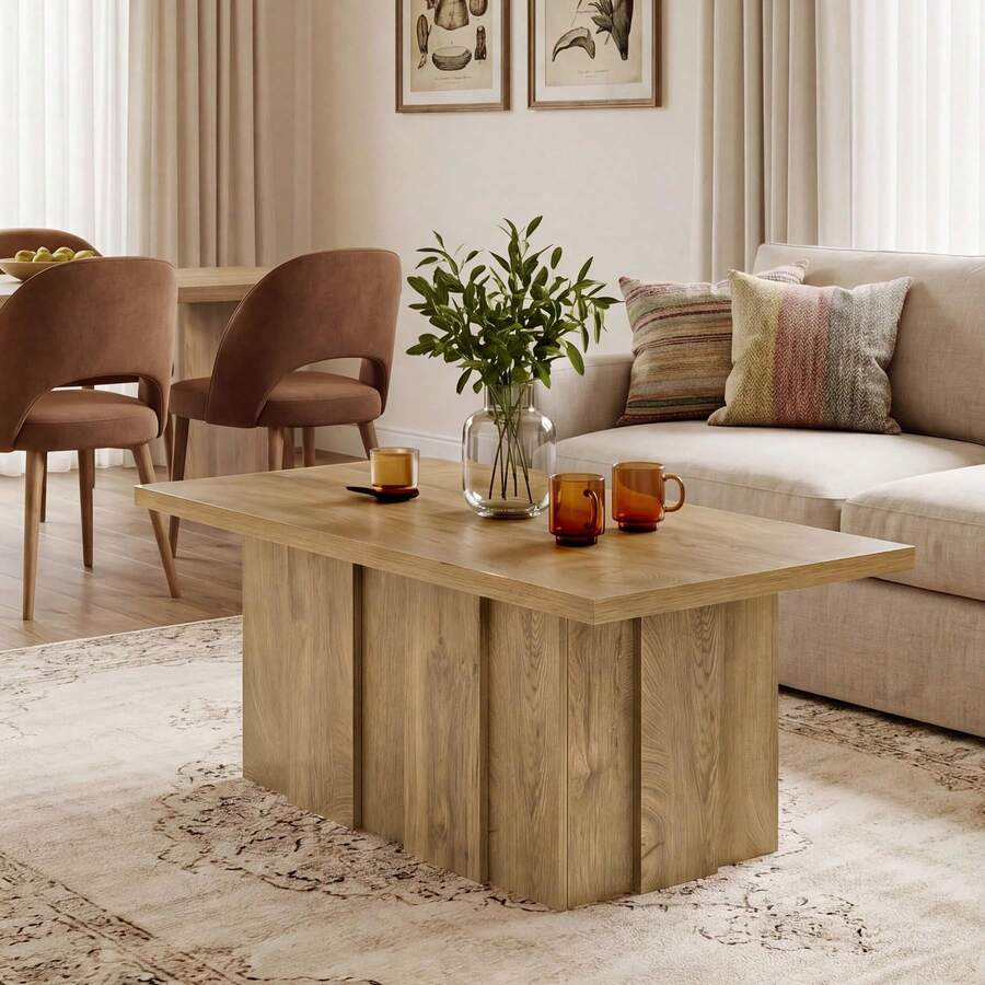 LITTLE TREE Coffee Table, 120 Cm Minimalist Rectangular Wooden Coffee Table With Fluted Base, Natural Oak Finish Centre Table For Living Room, Modern Cocktail Tea Table - Oak - View 1
