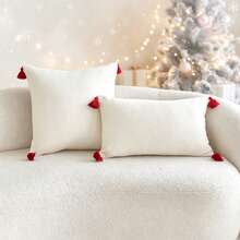LCUHPCL 1pc Cream Christmas Style Santa Claus Reindeer Sleigh 3D Embroidered Tassel Decor Pillowcase, Home Decor For Living Room, Bedroom, Party, Sofa, Car And More - Multicolor - View 4
