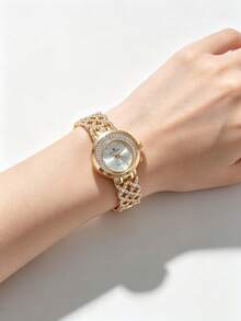 1pc Gold Women's Watch, Minimalist New Style, Rhinestone Embellished Elegant Fashion, Casual Versatile, Quartz Watch, Suitable For Daily Decoration - Gold - View 2