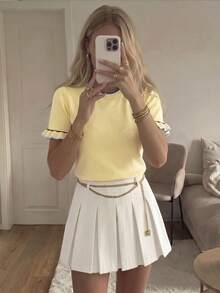 Suéter de punto casual de verano para mujer con bloques de color, ribete de volantes, cuello redondo y manga corta, amarillo - Amarillo - Ver 8