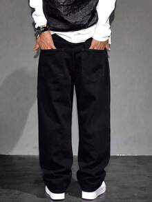 Boys Fashion Casual Black Loose Straight Leg Elastic Waist Denim Jeans - Black - View 2