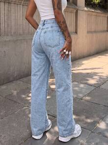 Women's Vintage Pearl Decor Light Wash Denim Flare Jeans With Button And Pocket Details - Light Wash - View 2