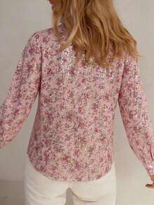 Blus Wanita Lengan Panjang Motif Bunga Merah Muda, Bahan Poliester, Semi-Transparan, Detail Kancing, Potongan Reguler, Cocok untuk Dipakai di Musim Semi dan Gugur - Berwarna merah muda - View 3