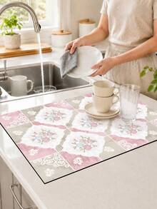 1pc, Vintage Square Pattern Printed Diatomaceous Earth Kitchen Drying Mat, Absorbent Dish Drying Mat, Coffee Machine Mat, Dishwashing Mat, Sink Mat, Kitchen Countertop Protector, Suitable For Cups, Plates, Tableware And Kitchen Decor - Multicolor - View 2