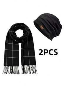 2PCS Multi-Color Optional Men's Autumn/Winter Warm Classic Plaid Scarf & Knit Beanie Set, Business Casual Thick Tassel Scarf & Warm Cold Hat Combination - Multicolor - View 1