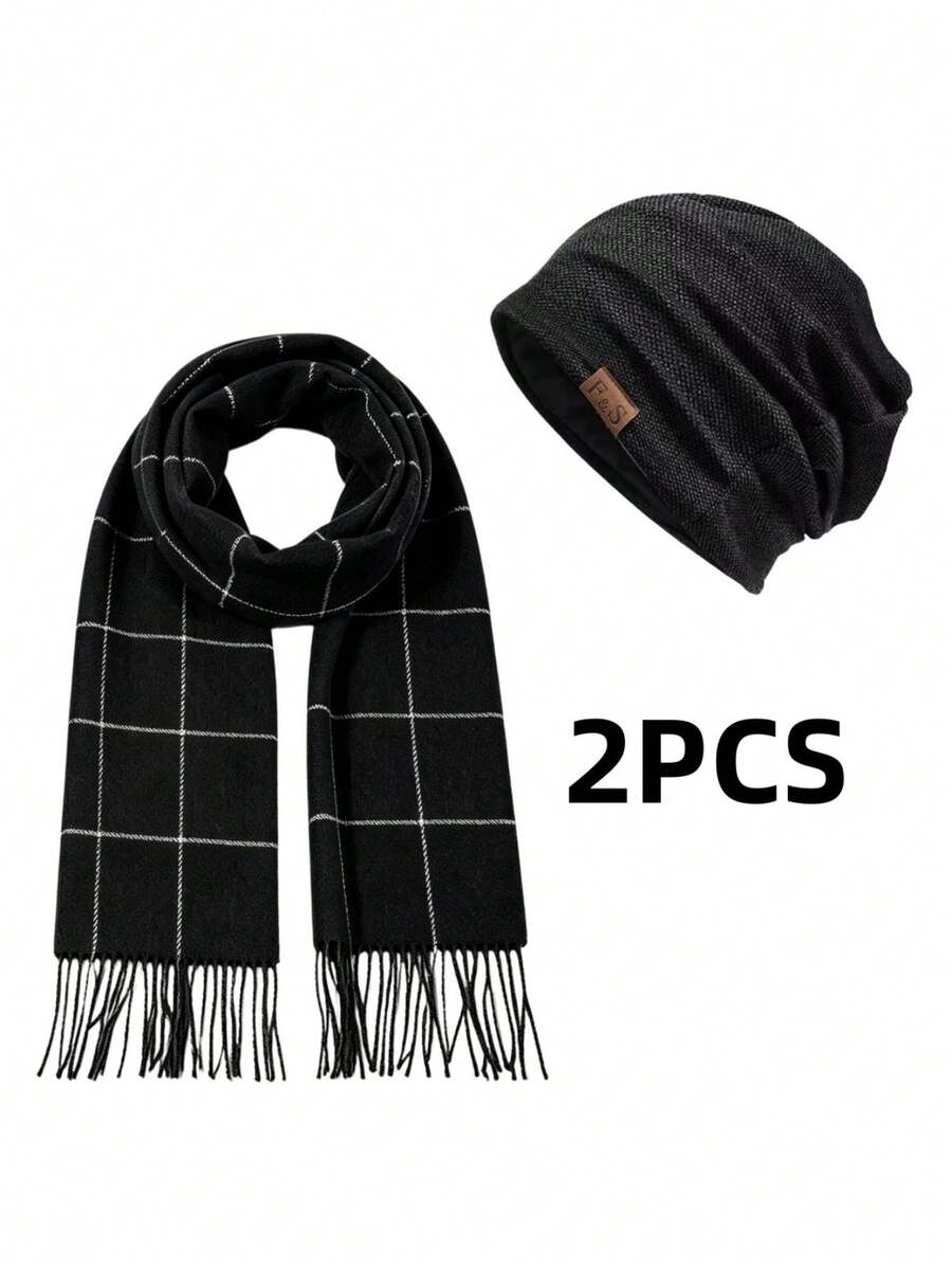 2PCS Multi-Color Optional Men's Autumn/Winter Warm Classic Plaid Scarf & Knit Beanie Set, Business Casual Thick Tassel Scarf & Warm Cold Hat Combination - Multicolor - View 1