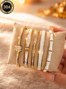 Juego de 5 piezas de pulseras chapadas en oro de 18K estilo minimalista blanco con nácar blanco puro y pulsera de strass completo, joyería para mujer, adecuado para uso diario, festivales de música, regalos de fiesta - Dorado - Ver 2