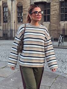 VIBEWAVE Color Block Striped Crew Neck Knit Pullover, Pink White Wine Red, Drop Shoulder Wide Sleeve, Relax Casual Sweater - Apricot - View 3