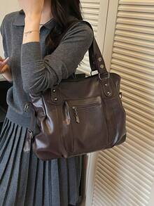 Tote Bag With Metal Rivets And Hardware Decoration, Hand-Carry, Shoulder, And Crossbody Options, Zipper Closure, Vintage Distressed Soft Leather Style, Large Capacity, Suitable For Women's Commuting, Travel, And Daily Use - Coffee - View 7