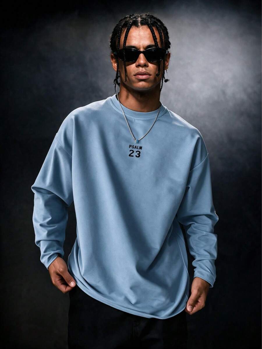 SU ER 1pc Men's Autumn Casual Daily Letter Print Long Sleeve T-Shirt | Fashionable & | Show Your Style - Dusty Blue - View 1