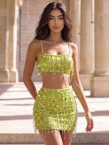 Perirose Women's Spring To Summer 2 Pieces Outfits, Sleeveless Crop Tank & Fringe Skirt Set - Green - View 5