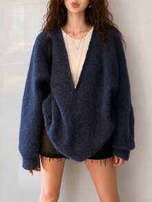 Women's Autumn/Winter Elegant Elegant Minimalist Style 2 In 1 Pullover Sweater - Navy Blue - View 4