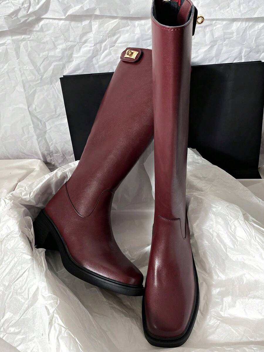 2026 New Mid-Heel Knee-High Boots, Equestrian Motorcycle Style, Minimalist Versatile Tall Boots For Women - Burgundy - View 1