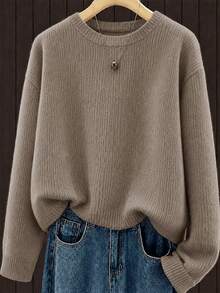 Women's Soft Sweater, Solid Color Round Neck Pullover, Machine Washable Warm Casual Knitwear, Cozy For Fall Winter Layering, No Transparency - Earth Gray - View 1