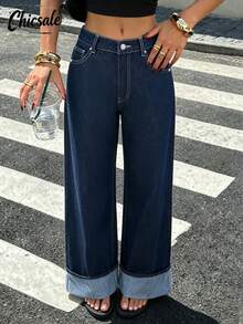 Women's Casual Wide Leg Cuffed Denim Jeans, Long Non-Stretch Vintage Style Pants, Fashion Loose Fit Jeans - Original Color Of Tannin - View 7