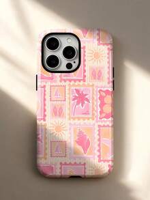 1pc Beach Resort Style Simple Art Stripe Stamp Collage Sun Coconut Tree Starfish Conch Pattern Glossy 2-In-1 Film Case Full Coverage Hard Phone Case Compatible With Iphone 11/12/13/14/15/16/17/18 Pro Max - Multicolor - View 3