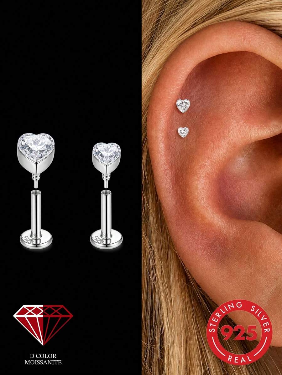 1pc 925 Sterling Silver Heart-Shaped Moissanite Threaded Flat Back Piercing Stud Earring, Suitable For Cartilage, Helix, Tragus Piercing, Valentine's Day Wedding Stackable Jewelry - Silver - View 1