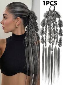 24 Inch Ombre Grey Synthetic Braided Ponytail Wig, Flipped Fishbone Braid Wig With Elastic Hair Tie, Suitable For Party And Daily Wear - Multicolor - View 14