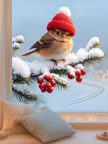 1pc Winter Bird Window Sticker, Cedar Branch Red Knitted Hat Cute Bird & Red Berry Static Cling Window Decal, Christmas Winter Animal Decoration, Double-Sided Visible, No Glue No Residue Sticker, Suitable For Bedroom, Cafe, Farmhouse Home Glass Window Decor, Beautiful Sticker - Winter Bird - View 5