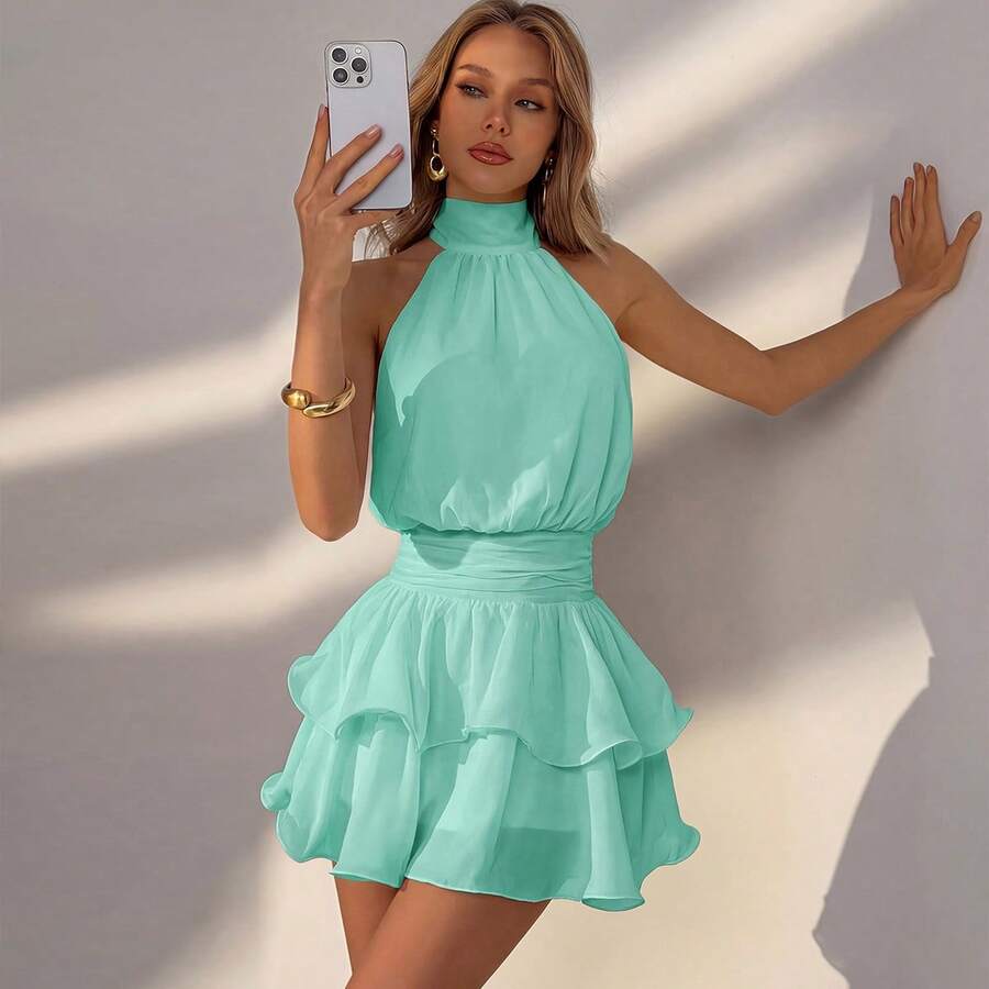 Elegant Fashion Green Halter Backless Layered Ruffle Mini Dress Wedding Gown - Mint Green - View 1