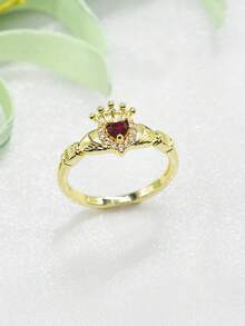 1pc Vintage Royal Style 14K Gold Plated Ring, Women's Heart-Shaped Ruby Crown Hands Holding Heart Ring, Anniversary Gift, Valentine's Day, Party Date Jewelry - Gold - View 3