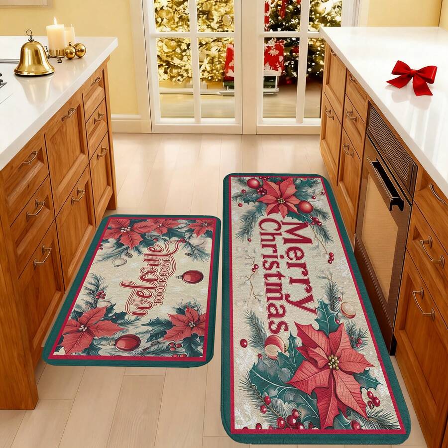 1/2/3pcs Christmas Theme Kitchen Rug, Flannel Kitchen Mat, Comfortable Soft Absorbent Non-Slip Machine Washable With Non-Slip Backing, Multi-Functional Home Floor Mat For Entryway, Living Room, Bedroom, Kitchen, Dining Room, Bathroom, Laundry Room, Patio, Hallway, Christmas Holiday Home Decor - Multicolor - View 1