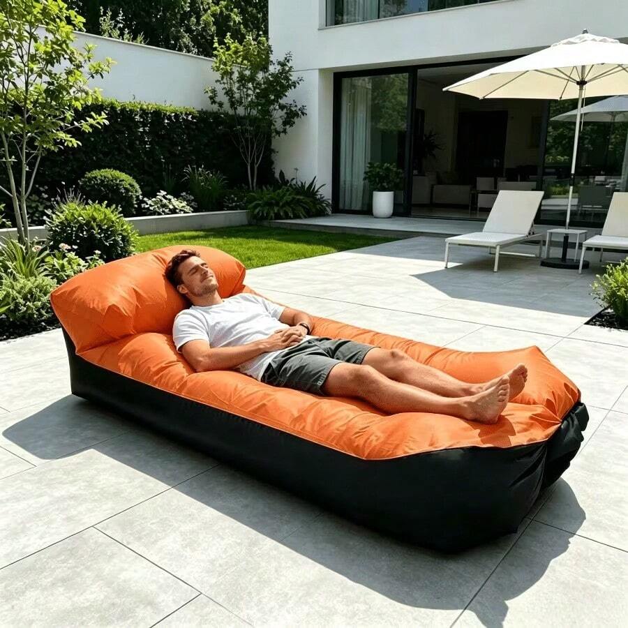 2pcs/Set Black & Orange Contrast Color Camping Inflatable Sofa, Single Person With Headrest, Suitable For Camping, Hiking, Backyard, Patio Leisure, Slouchy Air Lounger, Portable Foldable Storage, Sit & Lie Dual Use, Outdoor Bedding, Outdoor Inflatable Mattress - Multicolor - View 1