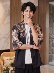 Dragon Print Men's Casual Fashion Kimono Shirt, Comfortable Lightweight Polyester Fabric, Suitable For All Seasons, Hand Washable Or Machine Washable, Perfect For Parties, Casual Wear, And Home - Black - View 4