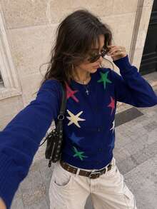 Women's Pentagram Pattern Casual Versatile Daily Wear Sweater - Navy Blue - View 1