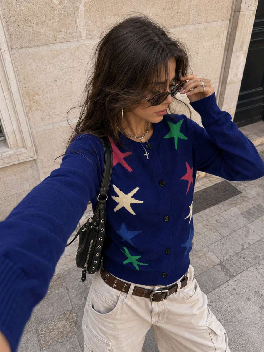 Women's Pentagram Pattern Casual Versatile Daily Wear Sweater - Navy Blue - View 1
