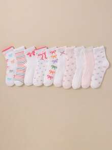 1/10/20 Pairs Random Color Mid-Calf Socks, Sweet Bow Knot Floral Polka Dot Pattern, Soft And Comfortable, Pink, Suitable For Girls And Little Girls Autumn/Winter Daily Wear - Multicolor - View 4