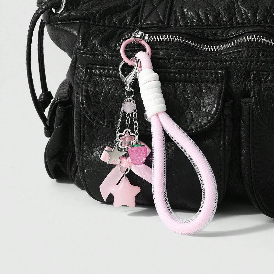 Sweet Romantic Gentle Pink Wrist Strap With Bow, Star, Strawberry, Heart And Pom Pom DIY Keychain Bag Pendant - Baby Pink - View 1