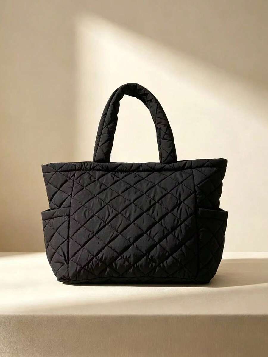 Men Black Quilted Tote Bag Lightweight Padded Shoulder Bag Large Capacity Casual Work Travel Daily Handbag For Men - Black - View 1