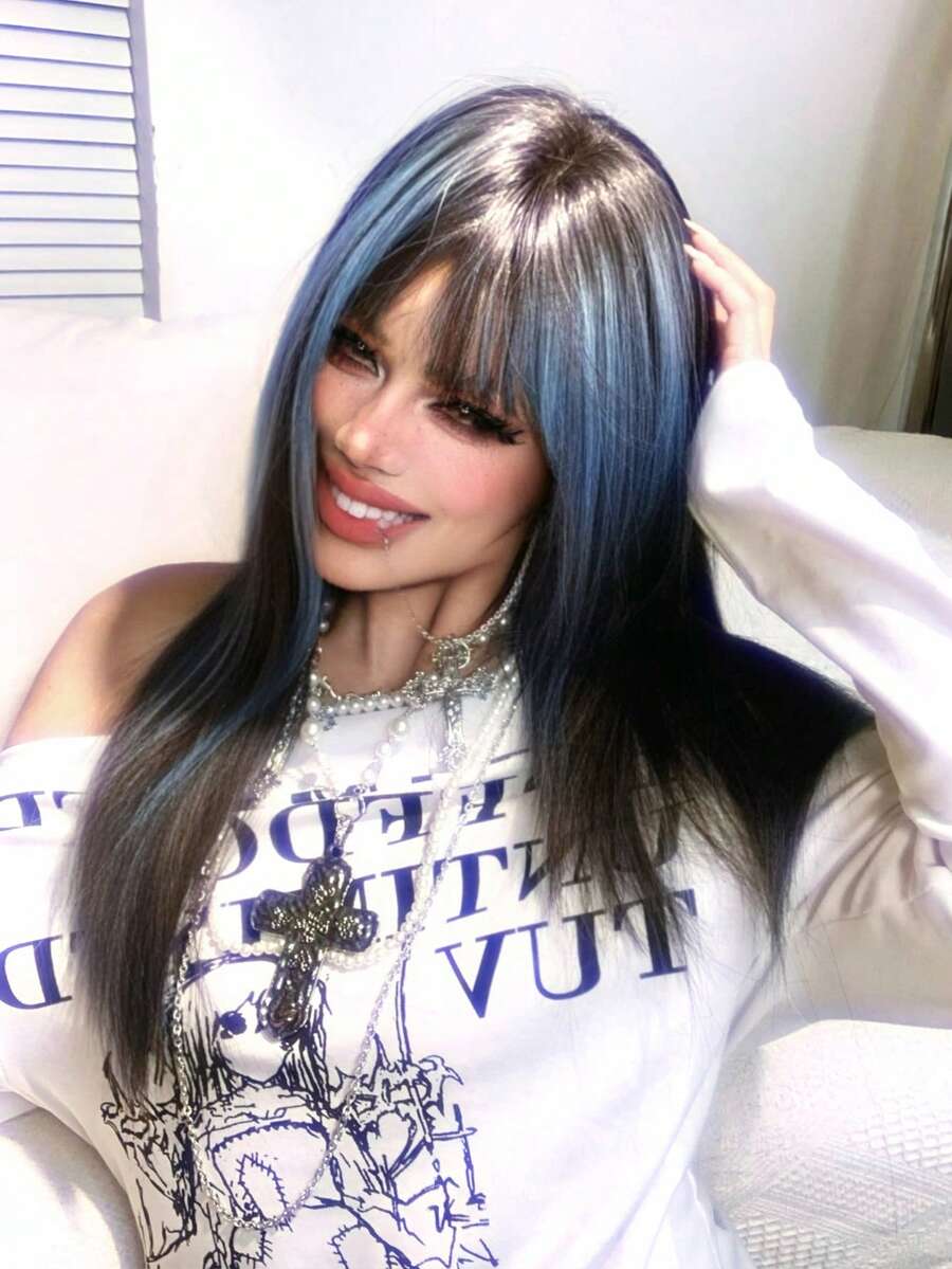 alicegarden 26-Inch Long Synthetic Wig Featuring A Natural Straight Style A Stunning Multicolor. Designed With Bangs , This False Hairpiece Is Perfect For Ms Daily Party Cosplay Use, Offering A Natural And Natural Durable Wig Gift For Ladies. - Multicolor - View 1