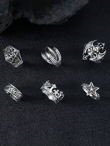 6pcs/Set Fashion Classic European & American Style Stainless Steel Smooth Geometric Star & Skull Open Ring Set, Men's Daily & Party Wear, Holiday Gift - steel color - View 2