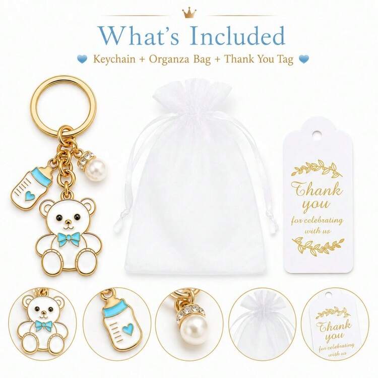 10/20set Baby Boy Teddy Bear Keychain Party Favor Set, Includes Thank You Card Tags And Organza Bags, Cute Baby Shower Guest Gift, Gender Reveal, Birthday Souvenir - Baby Blue - View 9