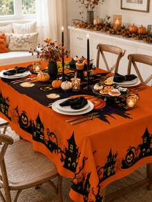 1 Buah Taplak Meja Halloween Menyeramkan, Taplak Meja Makan Poliester Gaya Horor Oranye dengan Motif Jack-O-Lantern, Rumah Hantu, dan Kelelawar, Dekorasi Meja yang Dapat Digunakan Kembali untuk Pesta di Rumah, Dekorasi Meja Pesta Halloween, Dekorasi Rumah Liburan, Dapur & Ruang Makan - MultiWarna - View 4