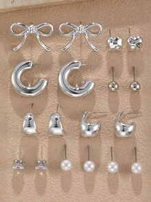 NAIZHU 9 Pairs Kids Fashion Metallic Bow Geometric Faux Pearl Earrings Set, Suitable For Daily Wear, Party Accessories, Gift - Silver - View 7