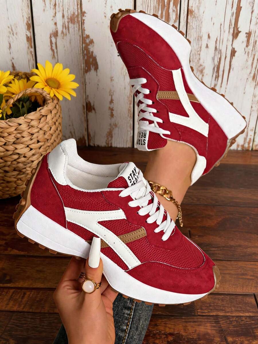 2026 New Rhinestone Thick Platform Wedge Shoes For Women, Spring/Autumn Round Toe Lace-Up Height-Increasing Petite Leather Shoes - Red - View 1