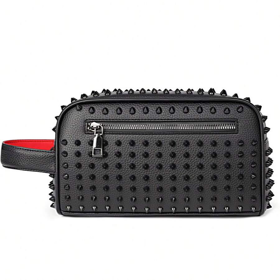 1pc Black Rivet Design Men's Clutch Bag, PU Material Large Capacity Zipper Handbag, Wristlet Bag Suitable For Daily Commute And Holiday Gifts, Travel Essential Gift, Exclusively For Men. Men's Gift
