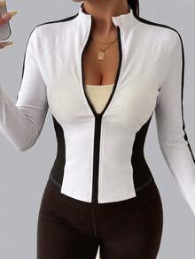 Hidkat Women's Fashion Solid Color Patchwork Stand Collar Zip-Up Cardigan Yoga Casual Sports Knit Jacket - Black and White - View 3