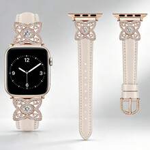 奢華皮革錶帶，相容 38/40/41/42/44/45/46/49mm，時尚正裝細款四葉草鑲鑽錶帶，適合女性與男性 - 星光+玫瑰金(四瓣花) - 查看 20
