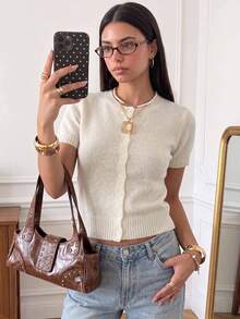 Women's Spring/Summer Back To School Minimalist Basic Round Neck Versatile Street Vacation Casual Solid Color Button-Up Knit Cardigan White - White - View 1
