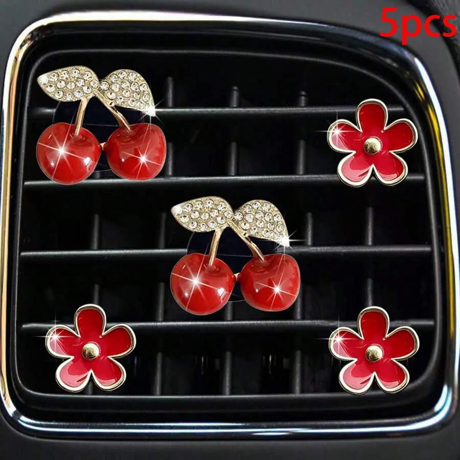 3/5pcs Open Daisy Alloy Car Air Vent Decor With Rhinestone Cherry, Small Clear Interior Decoration For Car AC Outlet, Automotive Interior Ornament